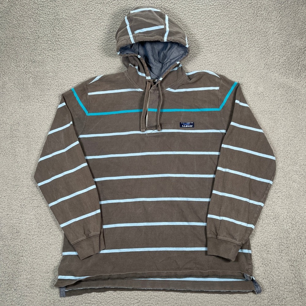 LL Bean Rugby Shirt Mens L Gray Striped Heavy Cotton Long Sleeve Hooded Preppy